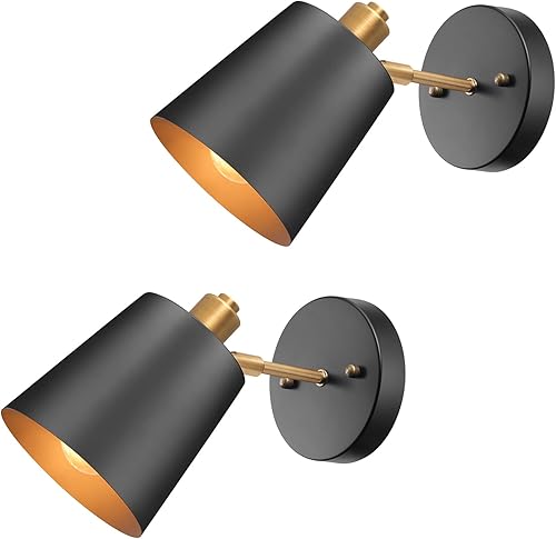 Juego de 2 apliques de pared vintage negros, luces de pared industriales con cabezal de latón ajustable, lámparas de pared para interiores, lámparas