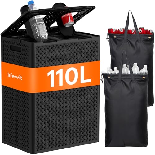 Lifewit Poubelle Recyclage 110 L, Collecteur de Bouteilles 2 Compartiments avec Couvercle et 2 Ouvertures, Poubelle Tri Selectif avec 2 Sacs Amovibles pour...