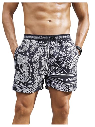 Floerns Men's Paisley Print Drawstring Swim Trunk Quick Dry Beach Shorts with Pocket