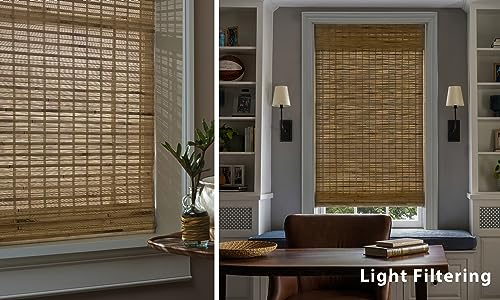 Image of LazBlinds No Tools No Drill Cordless Bamboo Roman Shades, Light Filtering Window Treatment, Roll Up Bamboo Blinds for Windows 37'' W x 64'' H, Dali Native