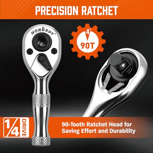 Image of HORUSDY 1 /4-Inch Stubby Ratchet Wrench Set, Chrome Alloy 90-Tooth Reversible 1 /4 inch Drive Handle with Magnetic Bit Driver & 1 /4 inch to 3 /8 inch Adapter, Compact Socket Wrench for Tight Spaces, Auto, DIY