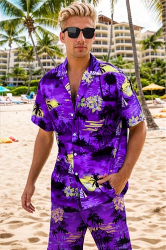 Image of Cromoncent Boy and Men Hawaiian Outfits Short Sleeve Shirts and Shorts Hawaiian Suits Beach Tropical 2 Pcs Vacation Sets