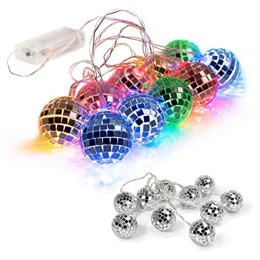 West Ivory 5.5 feet 10 Mixed Multi-Colors Mirror Disco Ball String Fairy Globe Light - Battery Powered Decorative Indoor Outdoor