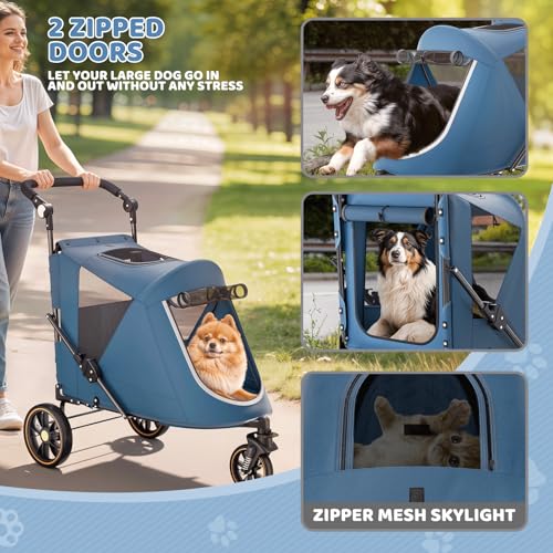 Image of Magshion Pet Stroller for Medium Large Dog, 3-Wheel Foldable Jogger, Navy | All-Terrain with Adjustable Handle, Dual Entry, Rear Storage, Breathable Mesh, One-Foot Brake, Up to 55 lbs