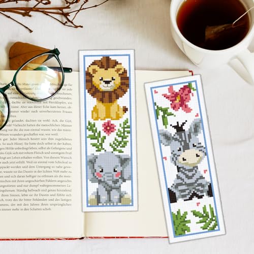 Image of INFUNLY 6PCS DIY Cartoon Animal Cross Stitch Bookmark Kits 8.66 inchx3.15 inch Cute Bear Cow Stamped Embroidery Kits with Instructions Plant Flowers Needlepoint Bookmark Kits for Book Lovers Readers Writers