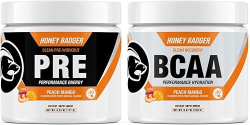 Honey Badger Vegano Keto Pre entrenamiento y BCAA | Peach Mango | Bomba natural sin azúcar Paleo Suplemento energético nootrópicos aminoácidos óxido
