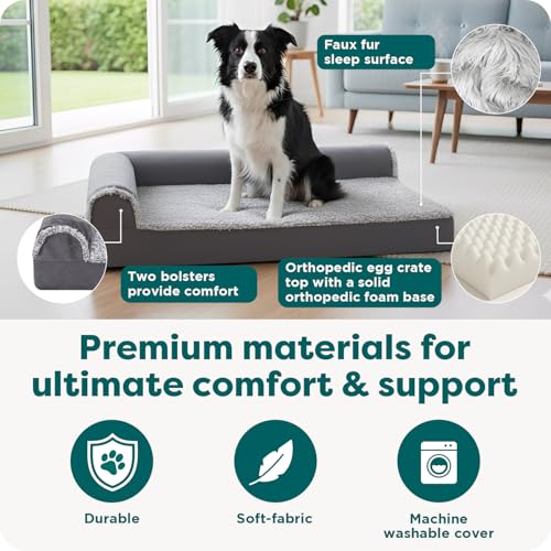 Image of Furhaven Orthopedic Dog Bed for Large Dogs w / Removable Bolsters & Washable Cover, For Dogs Up to 95 lbs - Plush & Velvet L Shaped Chaise - Deep Sapphire, Jumbo /XL
