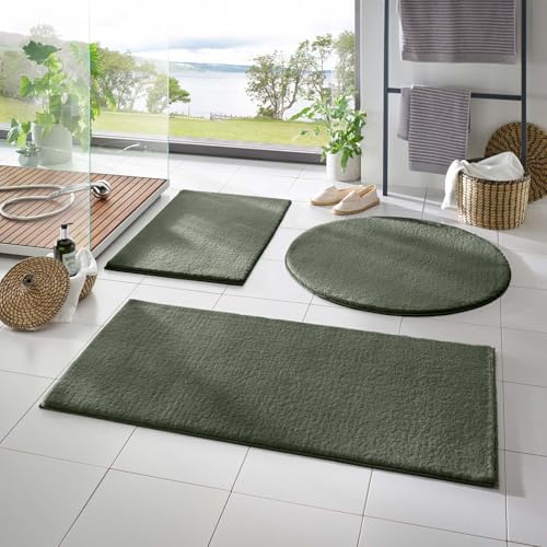 Taracarpet Badematte Fiona rutschfest waschbar Badezimmerteppich sehr weich und als Set kombinierbar Uni dunkel grün 060x120 cm