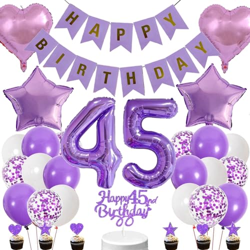 Conruich Ballon 45 ans Anniversaire Femme, Decoration Anniversaire 45 ans Homme Femme, Decoration de Gâteau Toppers Happy 45th Birthday Violet,Kit de Fournitures de Fête pour 45 ans Anniversaire Femme