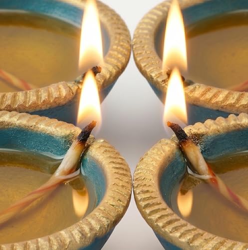 Image of Pure Source India Traditional Handmade Earthen Clay Big Size Diya for Laxmi Poojan, 4 Pieces | Elegant Blue Color (4 Pieces) - Premium Terracotta Akhand Jyot for Diwali, Puja & Festive Decor (Blue)