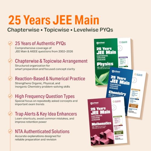 Image of Arihant 25 Years JEE Main Mathematics | Chapterwise Topicwise Levelwise 3500+ MCQs (2026-2002) for JEE Main & AIEEE | NTA Authenticated Answers & Topicwise Worksheets | Key Ideas, Concept Enhancer