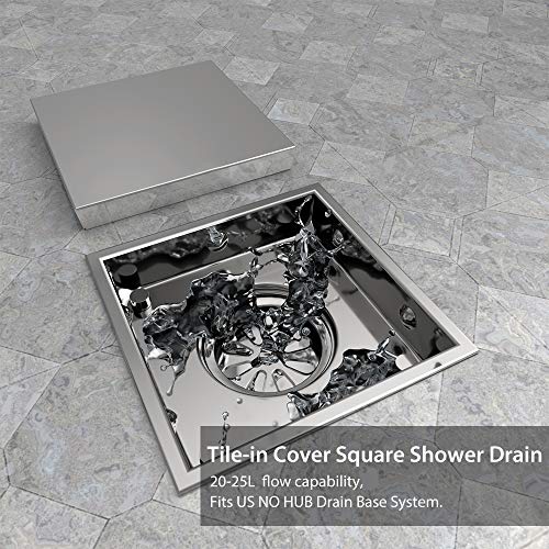 USHOWER 6-Inch Square Shower Drain, Tile-insert &Flat Cover 2-in-1 Brushed Nickel 304 Stainless Steel Shower Floor Drain, Includes Drain Flange Kit - Thumbnail 5