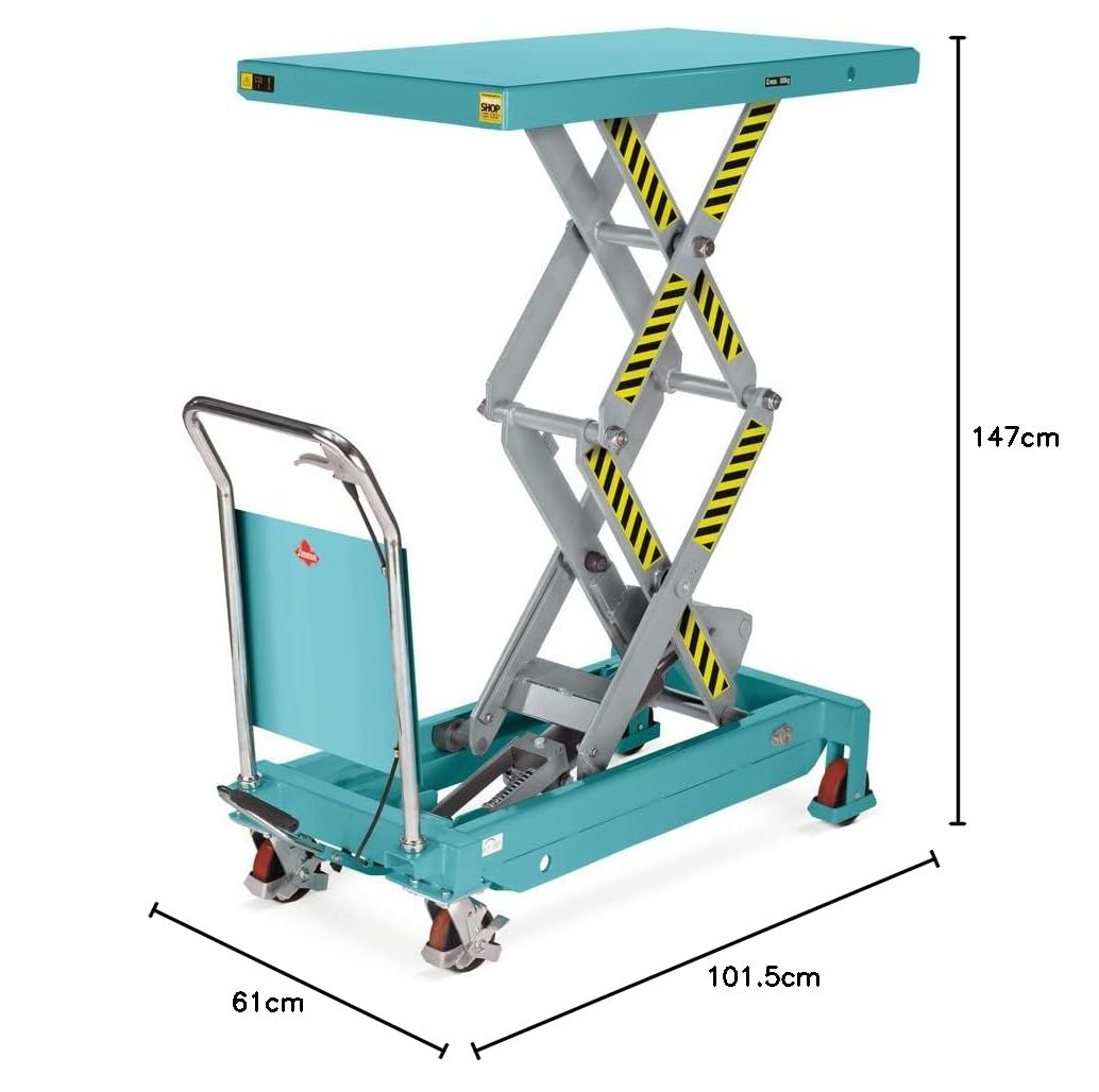 Ameise Scheren-Hubtischwagen LTT | 450-1.500 mm Hubbereich | 700 kg Tragkraft | 1.220x610 mm Plattform | Fahrbarer Hubtisch mit festem Bügel | Fußbetriebene Hydraulikpumpe | Stahl | Türkisblau