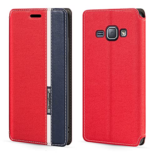 Shantime Classic Stripes Faux Leather Flip Case Compatible with Samsung Galaxy J1 2016, Invisible Magnetic Cover with Card Slot, Contrast Color Design(Red)