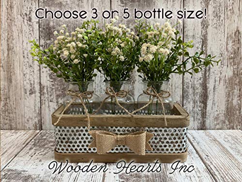 Rustic Farmhouse Kitchen Centerpiece Tray with Glass Bottles and Burlap Bow - Vintage Decorative Table Decor with Optional Baby's Breath Flowers - Image 4