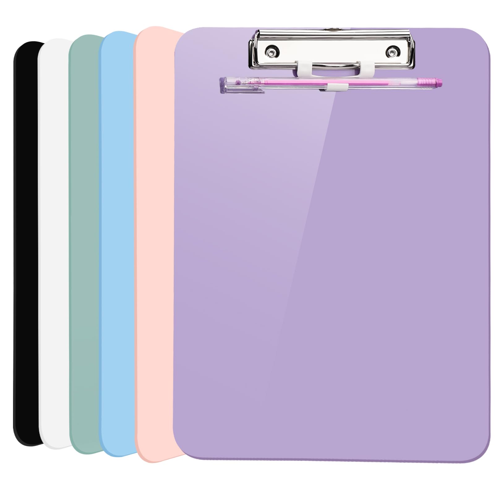 6 PCS A4 Clipboards,Plastic Clipboard with Pen Holder,Clip Boards 8.5x11 with Low Profile Clip,Cute Hanging Clipboard for School Office Supplies