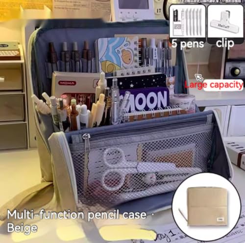 Image of BDYQYNYW Large Capacity Standing Pencil Case, Ultra-Spacious Organizer with Phone Stand, comes with 5 Pens and Notepad Clip (Beige)