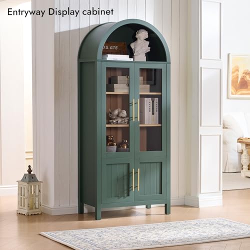Image of 71 inch Tall Arched Display Cabinet, 5-Tier Bookshelf Modern Farmhouse Arched Bookcase with Glass Doors and Shelves, Wooden Pantry Storage Cabinet for Living Room, Office and Kitchen, Green