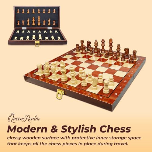 Image of QueensRealm 16 Inch Chess Board Set - Large Wooden Handmade Magnetic Foldable Chessboard for Kids & Adults, 16 Inch x 16 Inch Compact & Portable Travel Chess with Inbuilt Storage (Wooden)