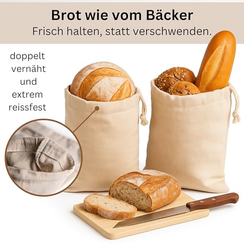 Natürlich Hanf® Brotbeutel 2er Set | Leinenbeutel aus 100% Naturhanf | Brotsack zum Frischhalten | wiederverwendbare Brötchentüten Größe: 30x40 cm