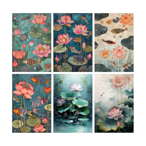 Image of SiddArtify Lotus Pond Wall Art Poster Print Set - Botanical Fish Turtle Decor for Living Room Bedroom Office - 12x18 inch Board Pack of 6