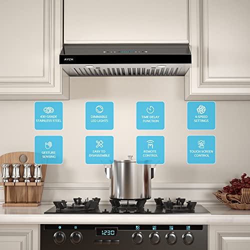 Iktch IKC02-30B Upgrated 30"Under Cabinet Range Hood, 900 Cfm Ducted Range Hood With 4 Speed Fan, Black Stainless Steel & Tempered Glass Range Hood 30 Inch thumb #4