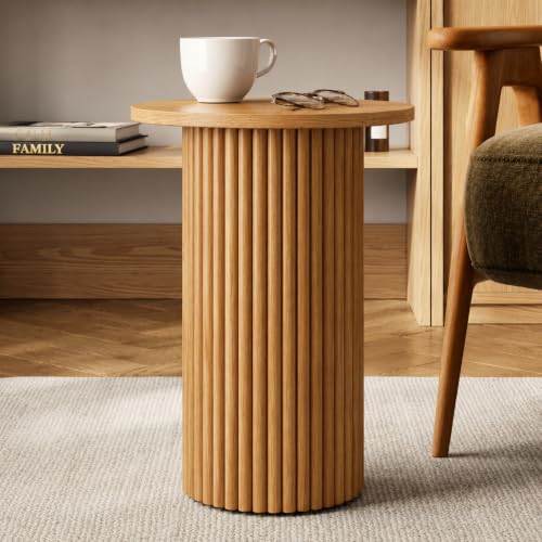 Stead Round Fluted Accent Side Table - Slim Fluted Accent Piece for Narrow Spaces - Oak End Table for Living Room & Bedroom - 17 Round Top Natural Oak