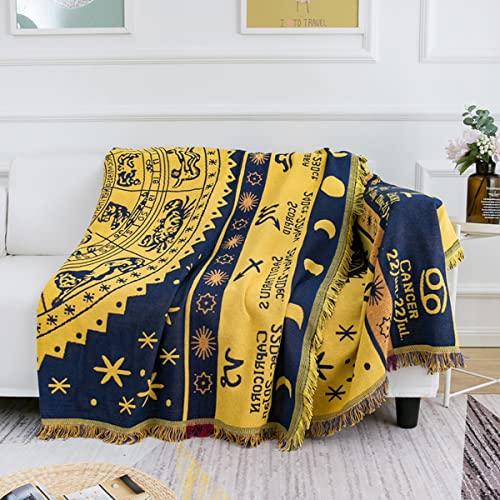 Boho Throw Blankets Woven Reversible Cotton Bohemian Tapestry Hippie Room Decor Witchy Astrology Zodiac Celestial Constellation Carpet Bed Recliner Chair Couch Sofa Cover Double Sided 50"X70" #TOP1