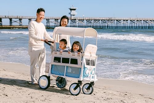 wonderfold volkswagen double stroller wagon 2 seater - foldable wagon stroller with classic vw bumper headlights and retro all-terrain xl wheels bondi blue