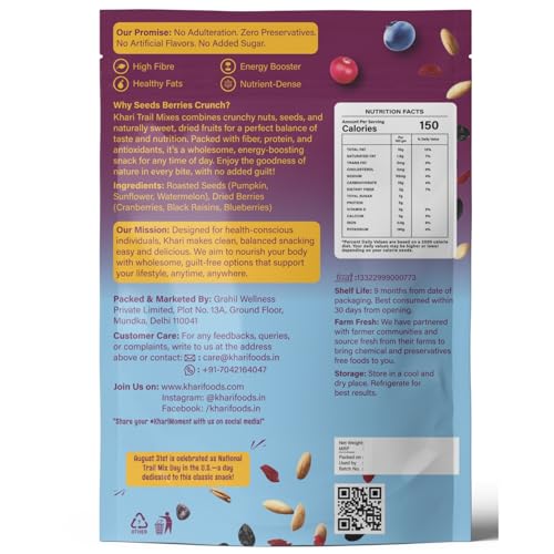 Image of Khari Foods Seeds Berries Snack Trail Mix, 6 in 1 Mix, Roasted Pumpkin, Sunflower, Watermelon Seeds, Cranberries, Black Raisins, Blueberries, Fibre & Protein Rich, No Palm Oil (400g)
