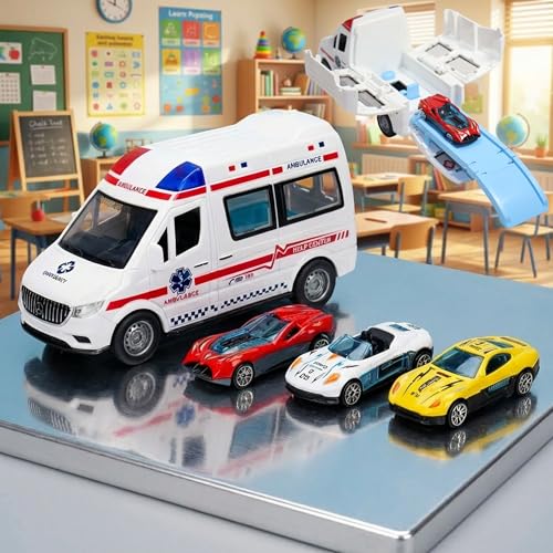 Image of VikriDA Big Ambulance Track Vehicle Toy with Foldable Ejection Race Track & 3 Pcs Die cast Cars for Kids - Multicolor