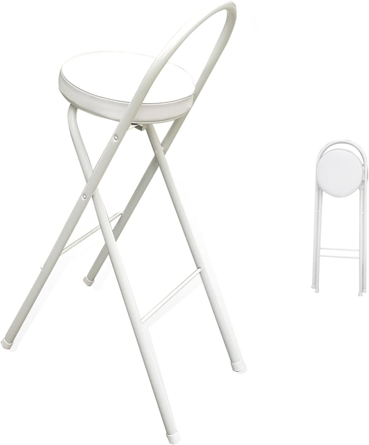 White Folding Kitchen Bar Stool with Steel Back Counter Height Bar Chair for Pub Shop Cafe Portable Round(Counter 65cm/26)
