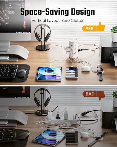 10Ft Tower Power Strip, Long Extension Cord, Flat Plug, 1700J, 12 AC 5 USB - image 8
