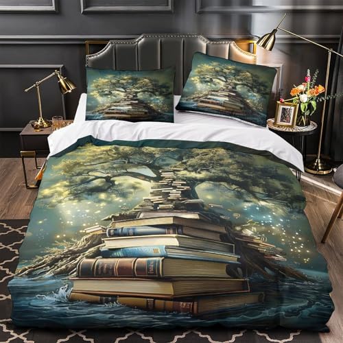Albero magico 3D Stampa Coperteletto 3pz Microfibra Antimacchia Pila di libri fantasy Coperta Letto 2 federe Lavabile Lavatrice Ragazzi Ragazze Super king（260x220cm）