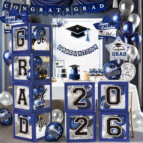 Navy Blue Graduation Decorations Class of 2026 - Balloons Boxes with Letters 2026 GRAD So Proud of You - Complete Party Supplies for High School & College Celebrations