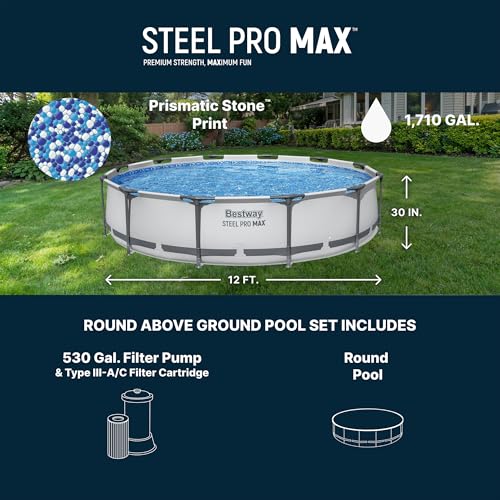 Image of Bestway Steel Pro MAX 12' x 30 inch Above Ground Swimming Pool Set with Pump | Durable Round Metal Frame Outdoor Backyard Pool, Puncture-Resistant Liner - Type III A /C Filter Cartridge Included, Gray
