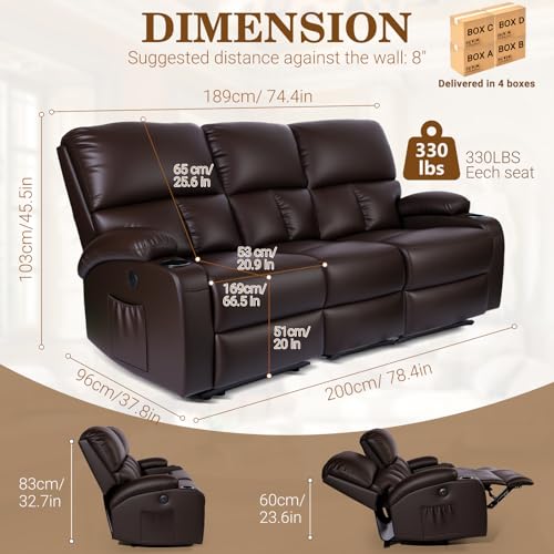 Image of CHABATREE Home Theater Seating,RV Recliner Sofa with Massage and Heat,Manual RV Recliner Loveseat with USB /Cup Holders and Side Pocket for Living Room,3 Seater Brown