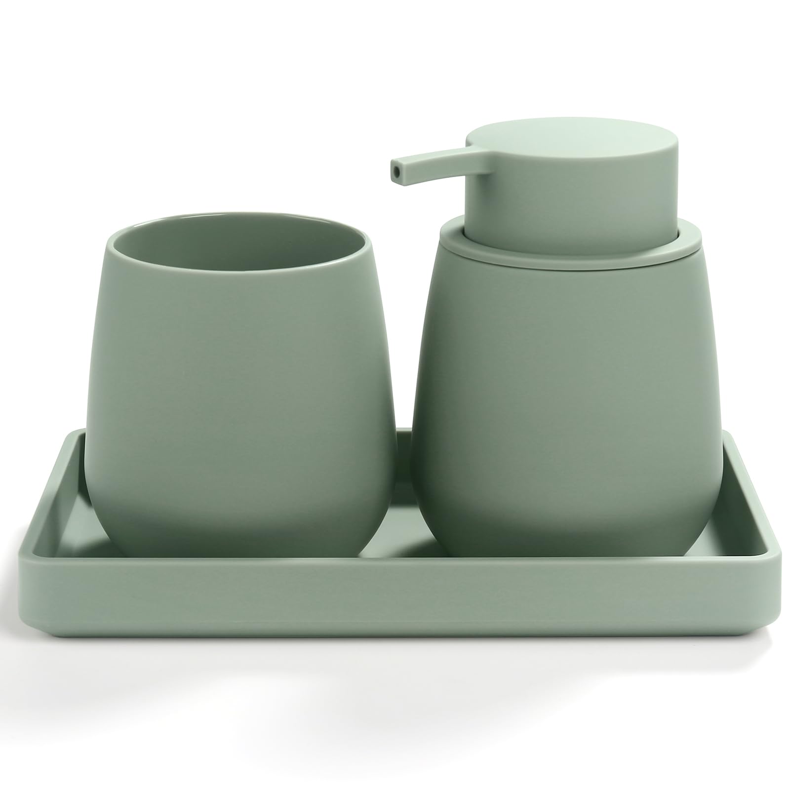 Juego de Baño Accesorios Verde, 3 Piezas Set de Baño Moderno - Dispensador de Jabón, Soporte Cepillo de Dientes, Bandeja para Organizar (Verde)