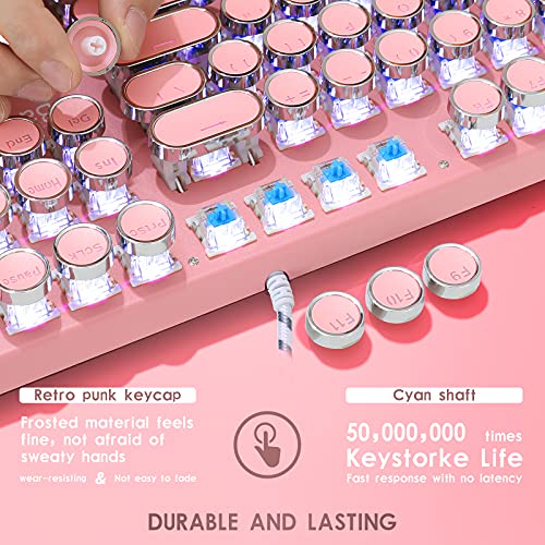 Basaltech Typewriter Keyboard And Mouse Combo, Pink Gaming Keyboard With White Led Backlight, Round Keys Blue Switch Mechanical Keyboard With Magnetic Removable Wrist Rest For Game And Office #TOP3