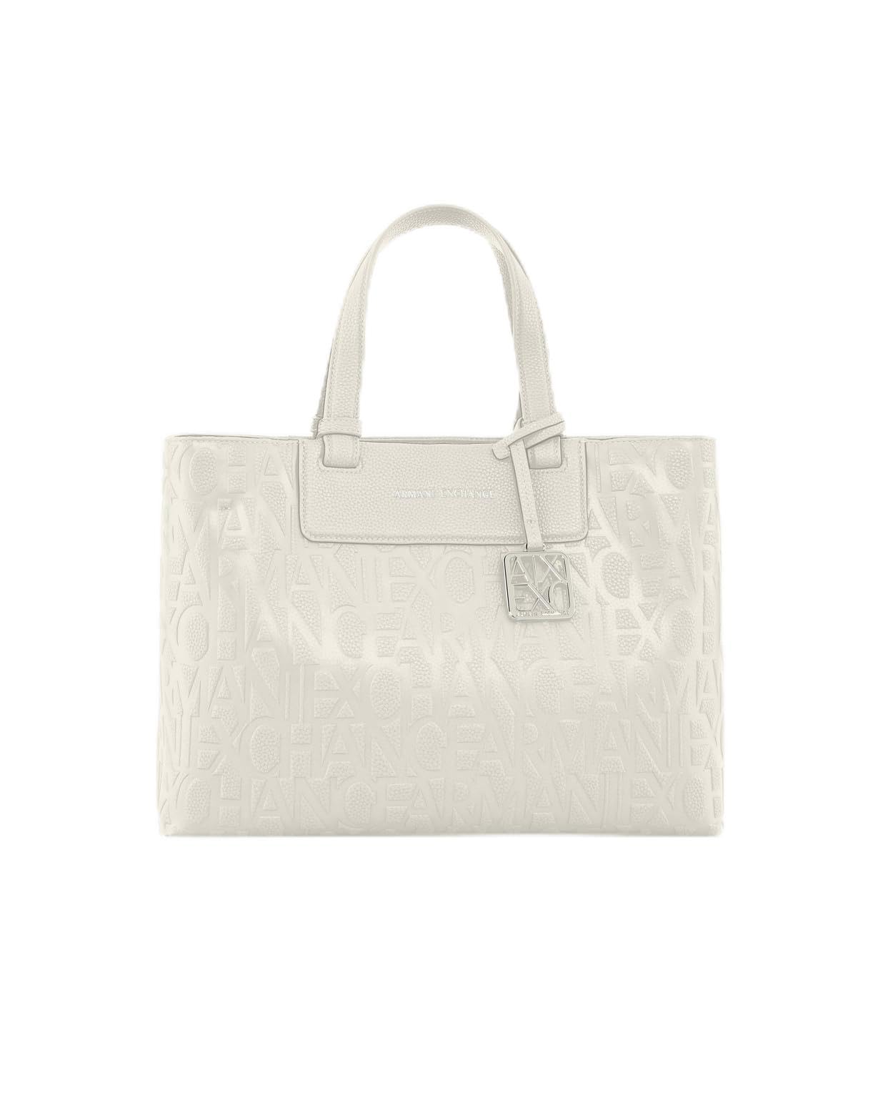 Armani Exchange Women's Liz, essential, logo squared charm, SHOPPING BAG, Off White, One size