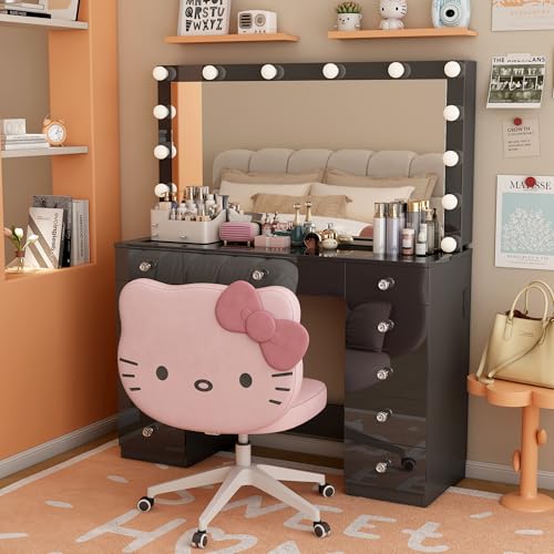 wanan Vanity Desk with Power Outlet, Makeup Vanity with Mirror and 14 LED Light, 3 Lighting Modes,11 Drawer Vanity Table with Sliding Jewelry Storage, Glass Top, Specular Surface, Black