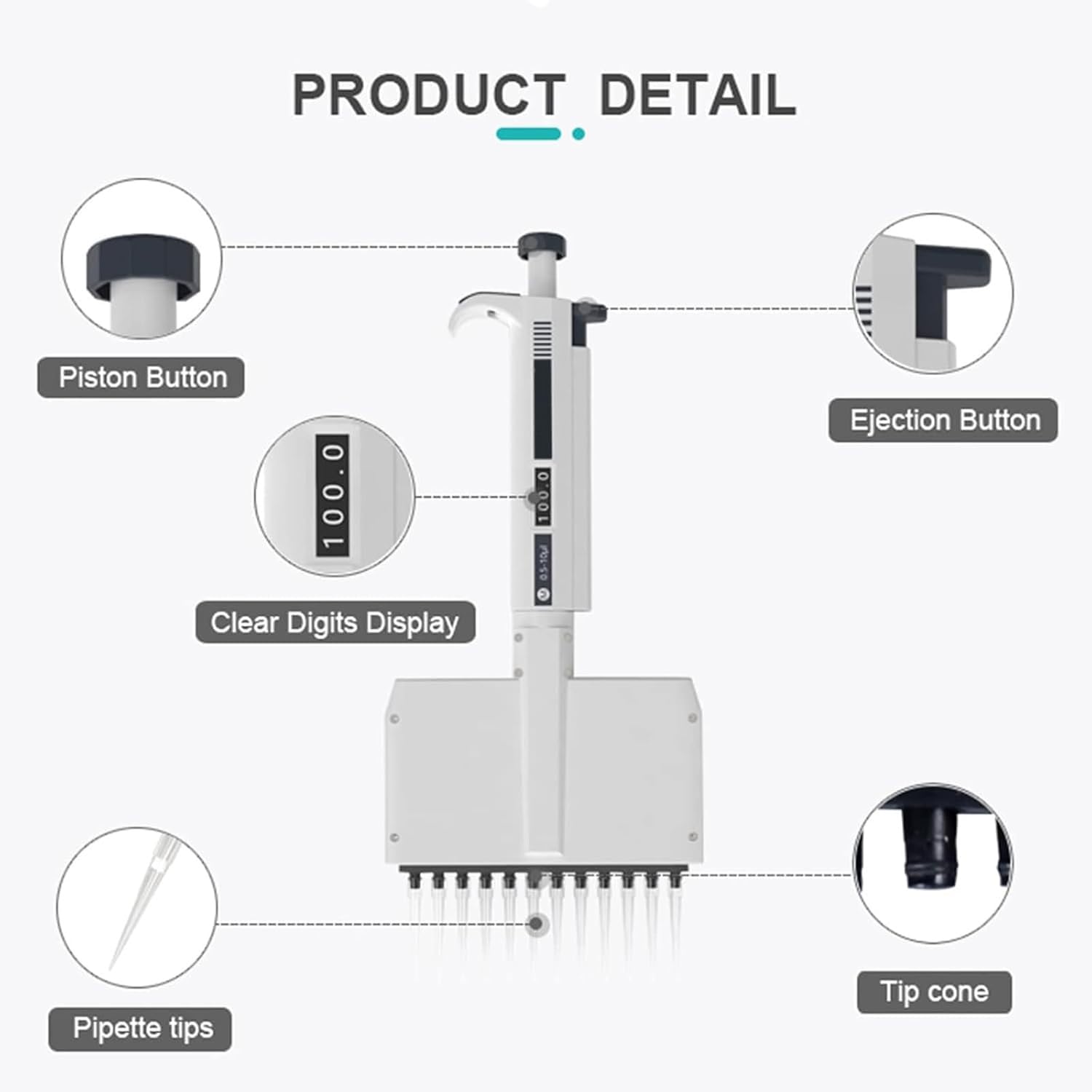 Micropipeta de Laboratorio de pipetas de 12 Canales, Volumen Ajustable 0,5 ul-10 ul/5-50 ul/50-300 ul pipetas multicanal, Controlador de pipeta de Alta precisión con Pantalla Digital(50-300ul)