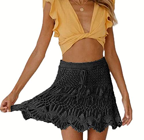 GOWEGB Damen Sexy Häkelrock mit Aussparungen, hohe Taille, Spitze, Strand, kurze Netzröcke Gr. Einheitsgröße, A-schwarz Cover