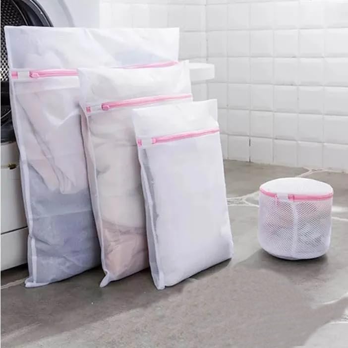 Image of HomeCloud Mesh Laundry Clothes Washing Bag with zip lock for Delicate Clothes, Stockings, Underwear, Bras & Lingerie for Washing Machine| Pack of 4 (Pink)