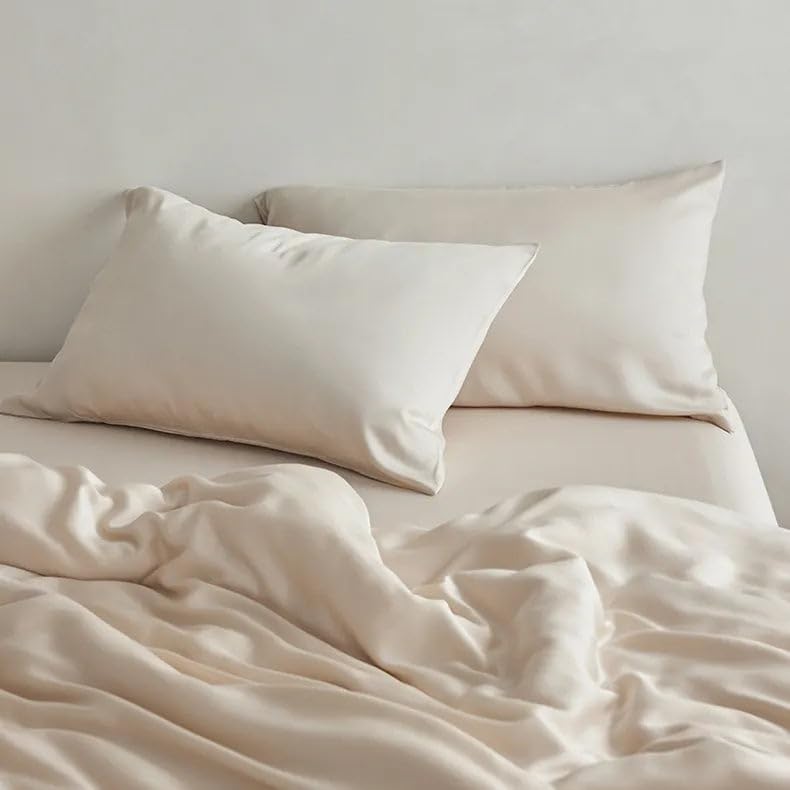 Waterlily 100% Eucalyptus Tencel Lyocell Bedding Set 4 pcs Duvet Cover Flat Sheet Pillowcases Double King Size Vegan Silk Organic Natural Softer than Bamboo Luxury Bed Linen (Champagne - Image 2