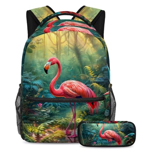 Cartables de grande capacité motif flamant rose avec trousse scolaire