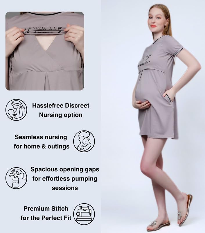 True Shape Feeding Kurtis for Women Cotton | Knitted Hosiery Zipless Maternity Nighty Kurta with Breastfeeding Access & Side Pockets for Pre & Post Pregnancy(TSH-011-XL, Light Grey) 1