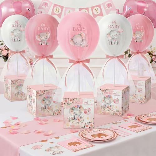 JolliLudo 6 Set Elephant Tulle Tutu Balloon with Letter Boxes Baby Shower Table Centerpieces Decor for Gender Reveal Balloons Tulle Cover with Stand Elephant Themed Baby Shower Birthday Party(Pink)