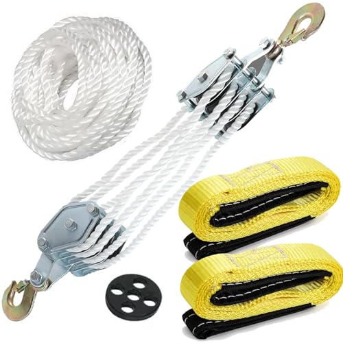 4000LB 65 Feet Rope Hoist Pulley with 2 Sling Strap, 2 Ton W...