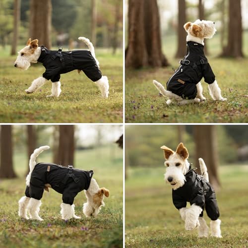 PAWBOSE Hunderegenmantel mit Geschirr für kleine und mittlere Hunde, verstellbare wasserdichte Hunderegenjacke, reflektierender regenfester Welpe 4 Beine Regenmantel Schwarz, L